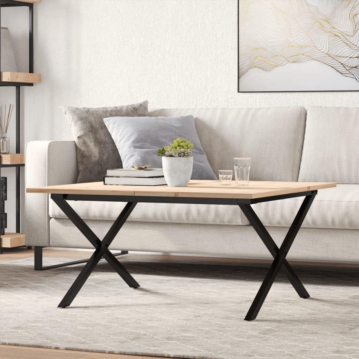 Salontafel Grenenhout - Eettafel Hoektafel - Woonkamer Inrichting - X-frame Staal - 90x90x45cm - Bruin