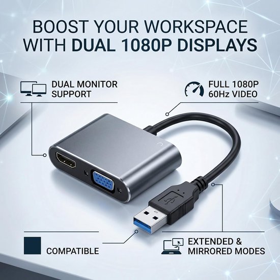 USB naar Dual HD VGA Adapter - Externe Beeldscherm Adapter - Werk Efficiëntie Vergroten - Ondersteunt 2 Beeldschermen — afbeelding 2