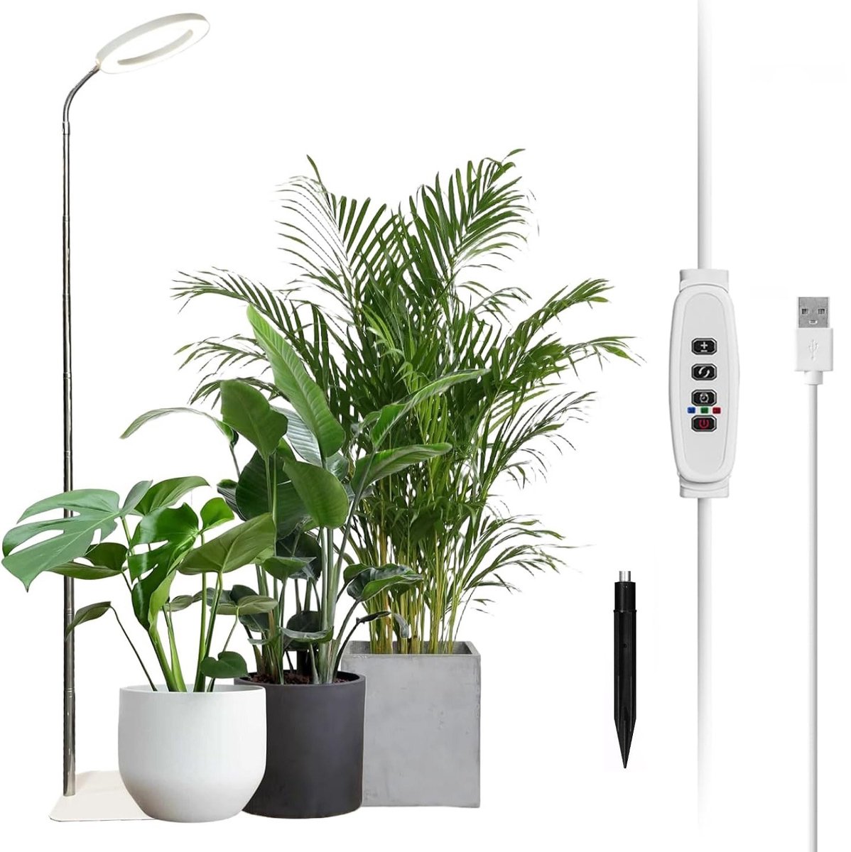 Rosnek LED Kweeklamp op Voet - Full Spectrum Groeilamp voor Planten - Dimbare Ringlamp met Timer 3/9/12 uur - Hoogte Verstelbaar met Voet of Direct in Potgrond - Plantenlamp voor Kamerplanten - USB - Wit