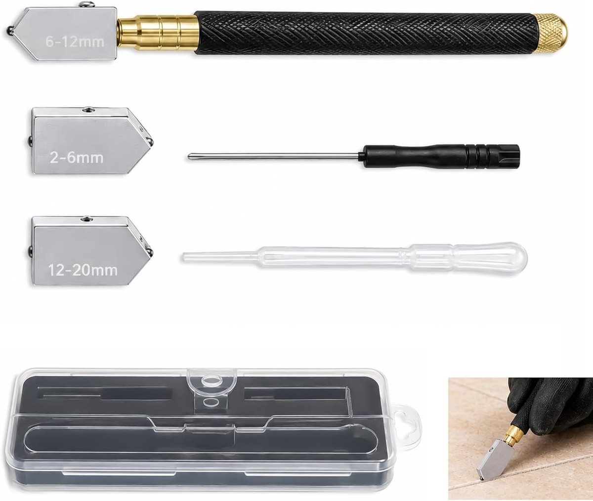 Professionele glassnijdersset - Zilver - 5-delig - Hardmetalen koppen met olieverdeler - Voor glas en tegels snijden