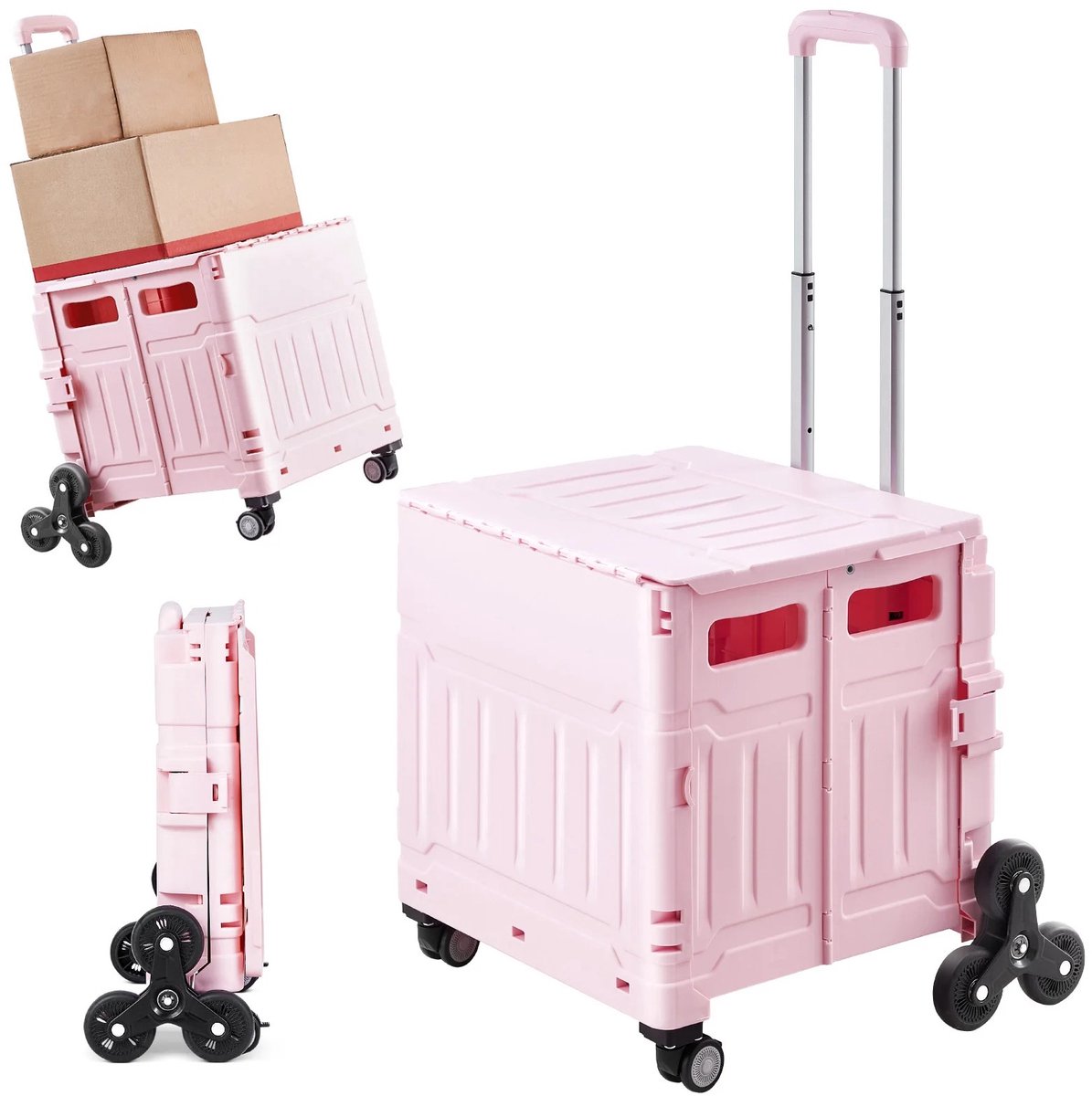 G&G opvouwbare boodschappenkrat - Boodschappentrolley - Boodschappenwagen - Met wielen - 65L - 68kg - Traploper - Stevig - Roze