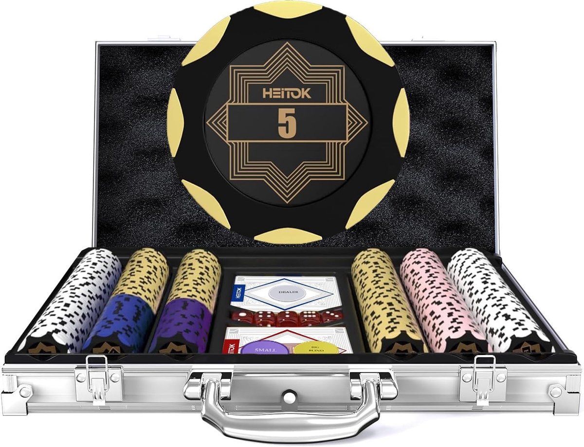 Pokerset - 300 chips met nummers - Clay Composite - Complete set voor 2-8 spelers met kaarten en dobbelstenen
