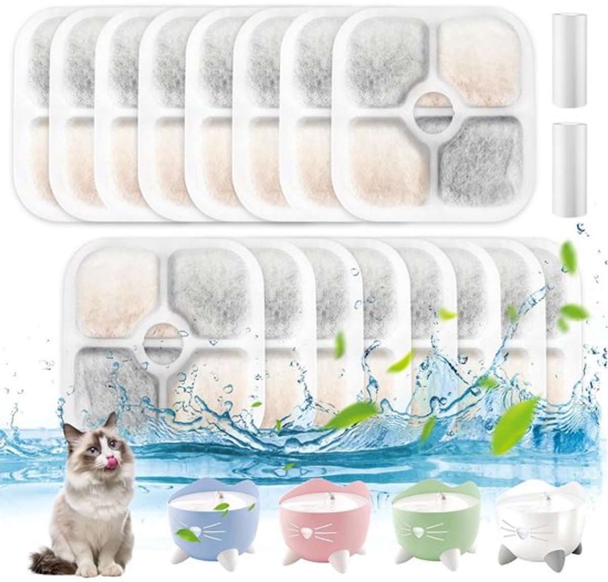 Kattenfonteinfilter - 16 Stuks - Drielaags Filtersysteem - Hars Geactiveerd Koolstof - Voor Catit Pixi Drinkfontein - Inclusief Slangen