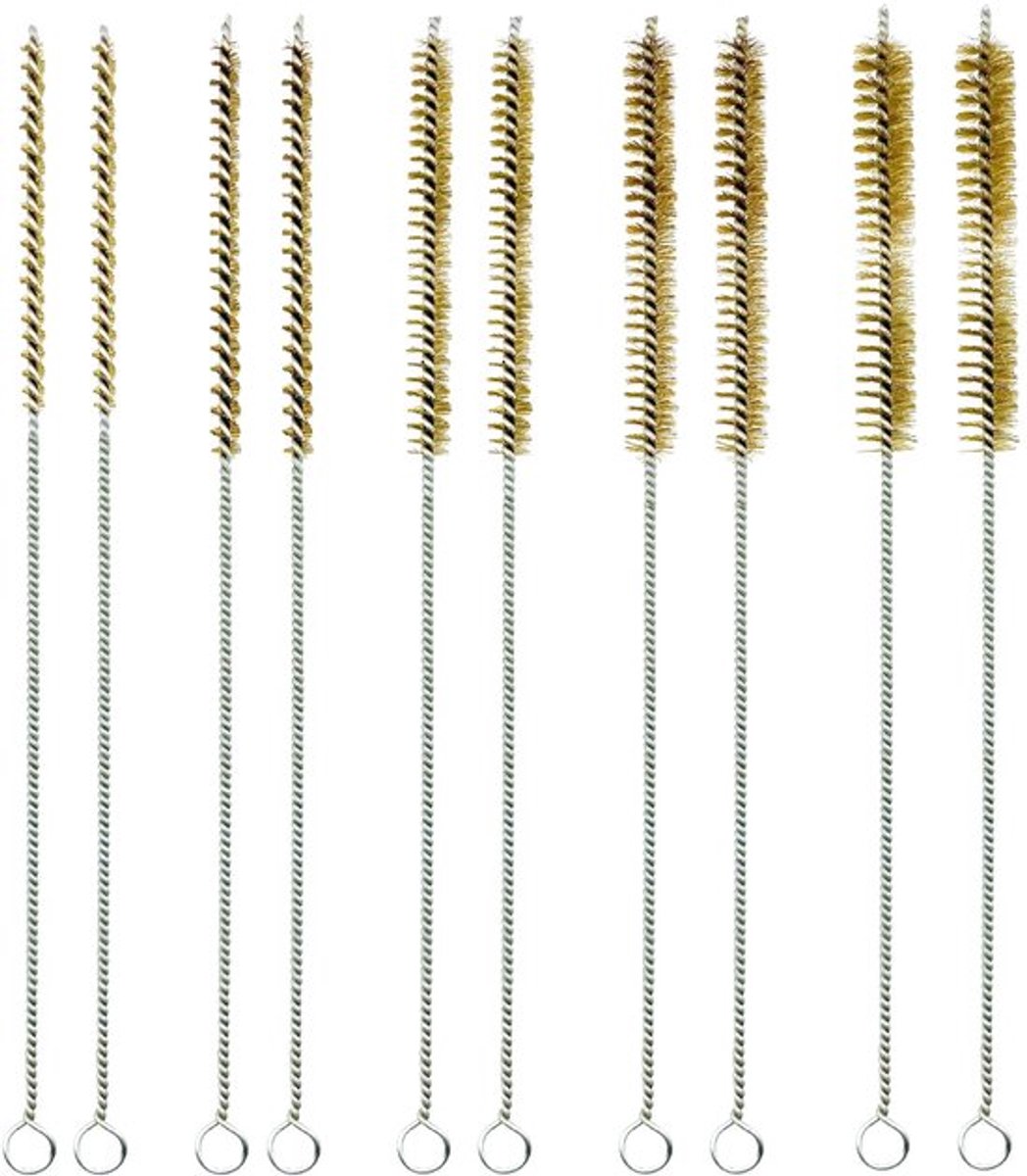 Buisborstelset 10-delig - Messing Borstels - Houten Handvat - Antislip Grip - Diverse Diameters 6/8/10/12/15 mm - Voor Reiniging Metaal/Hout/Kunststof - Borstelset