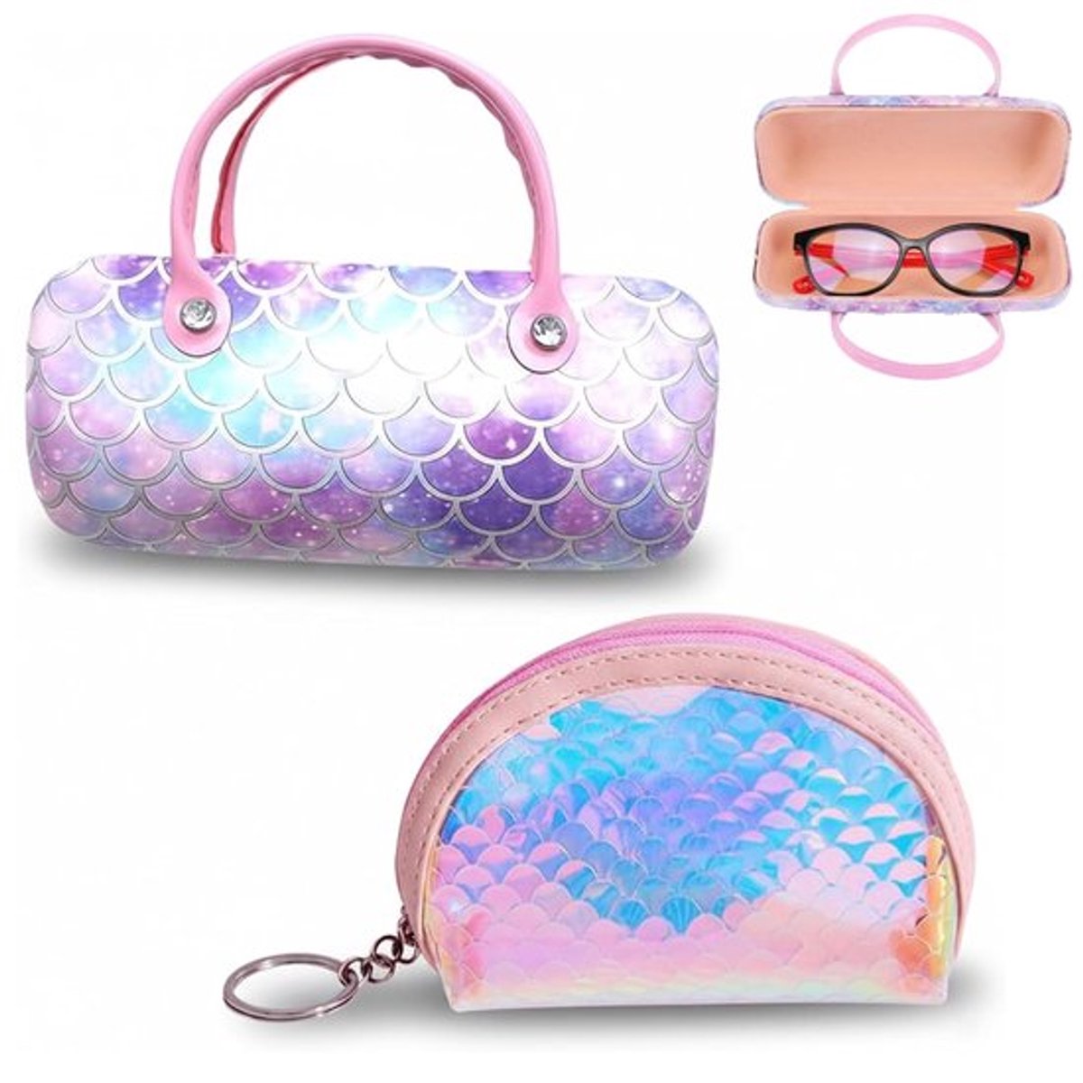2 Stukken Brillenkoker met Handvat, Portemonnee van Visschubben, Draagbare Brillenkoker, Geschikt voor Brillen, Cosmetica, Munten, Sleutels(Roze)
