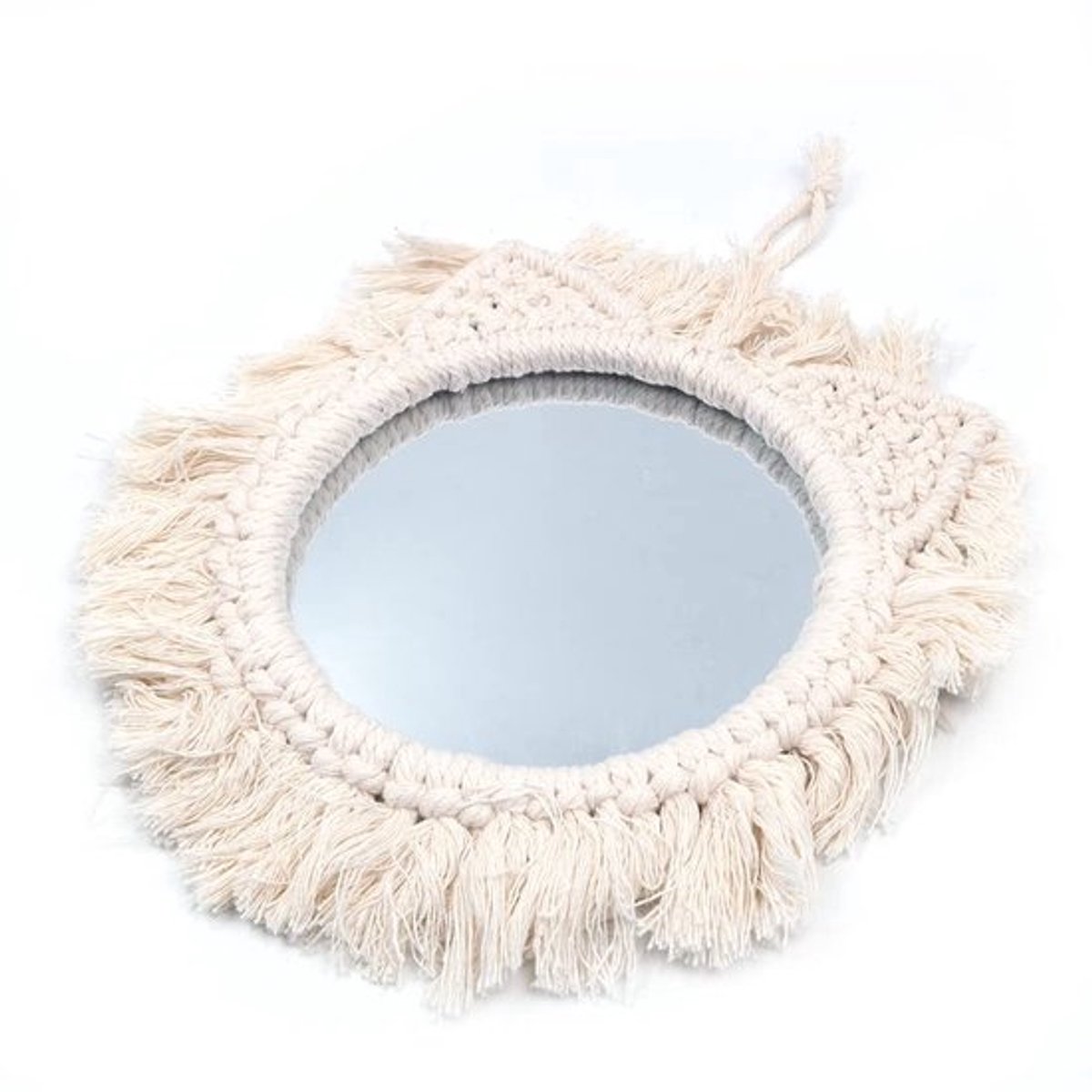 Muurspiegel Boho Fringe - Ronde Decoratieve Spiegel - Hangende Wanddecoratie - 25x16cm - Macramé Franje - Elegante Interieuraccessoire - Decoratiespiegel