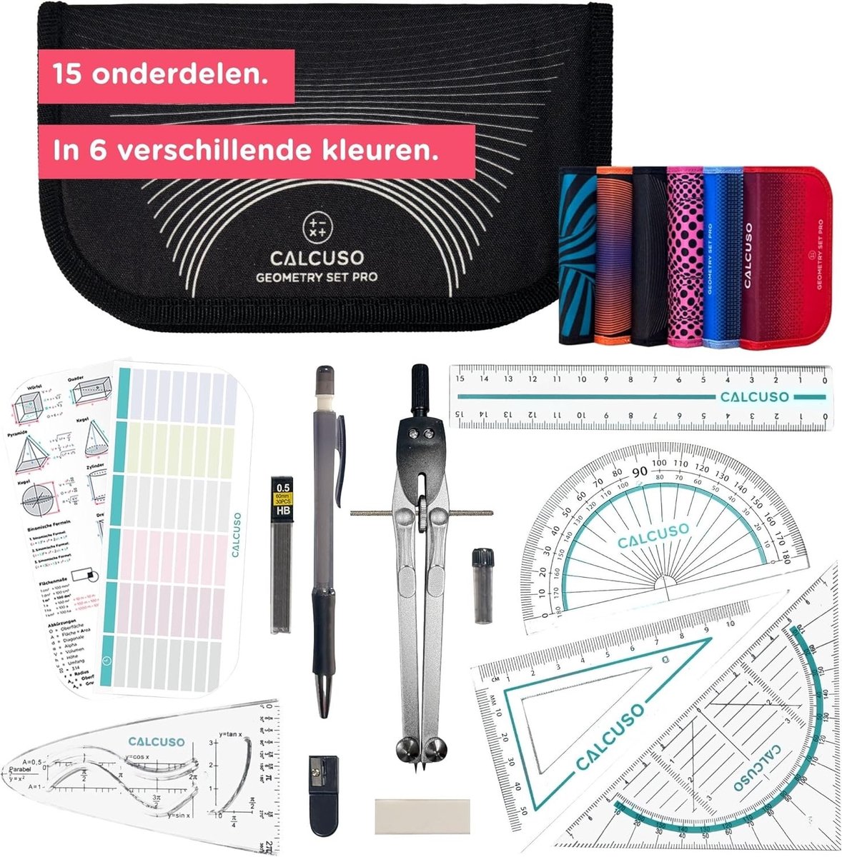 Passerset met etui - Zwart - 13-delig - Geometrie- en tekenset met passer en geodriehoek - Voor school en studie