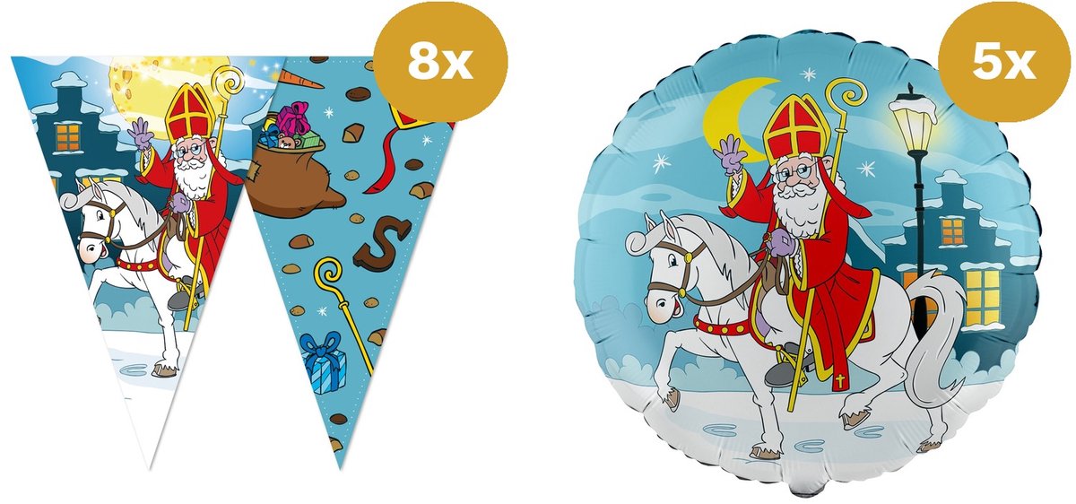 Sinterklaas Versiering Ballonpakket XL - 8x Vlaggenlijn 10m & 5x Folieballon 18" - Buurt & Verenigingsversiering
