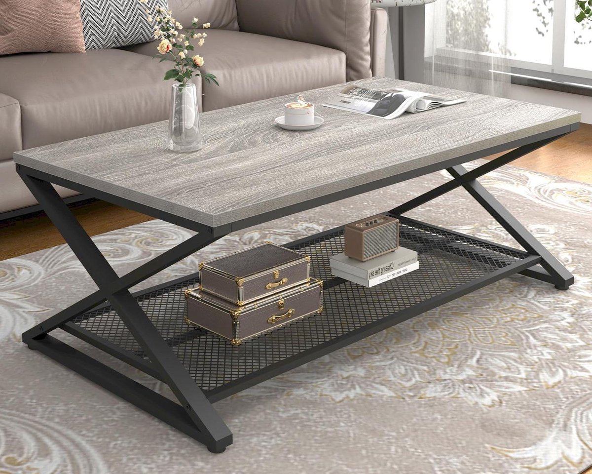 Salontafel met Opslag - Middentafel Koffietafel - Woonkamer Organisatie - Industriële Stijl - 99 cm - Lichtgrijs Eiken