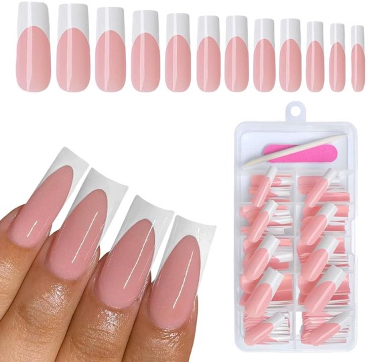 Press-on Nagels 120 Stuks - Witte Franse Nagels - Lange Vierkante Kunstnagels - Valse Nagels - Inclusief Mini-Vijl/Houten Stok - Acryl