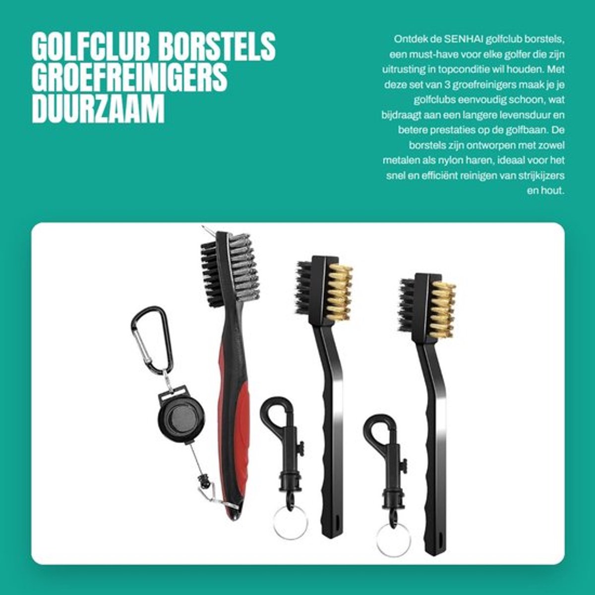 Golfclubborstel 3-in-1 - Groefreiniger - Metalen/Nylon Borstel - Spike-Reinigingsgereedschap - Intrekbare Karabijnhaak - Voor Betere Backspin - Golfborstel