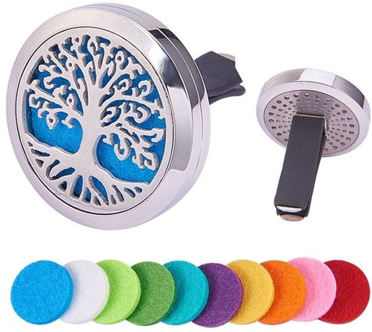 MTTproducts- Luchtverfrisser Auto Aromatherapie - Essentiële Olie Diffuser - RVS Medaillon - Vent Clip - 10 Wasbare Vilt Pads - Waterdicht