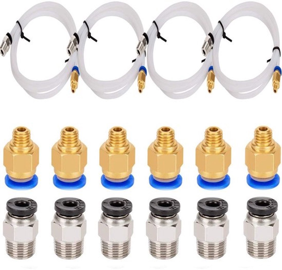 Teflon Slang 4 Stuks - Blauw - 3D Printer Accessoires - Inclusief Pneumatische Connectoren - Voor 1,75 mm Filament