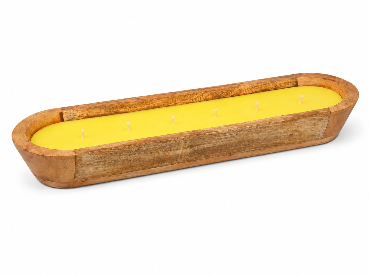 Citroen Geurkaars in Houten Decoratieschaal – Lange Geurkaars met Meerdere Lonten – Gele Kaars in Rustieke Houten Schaal – Sfeervolle Woondecoratie voor Tafel, Woonkamer & Terras
