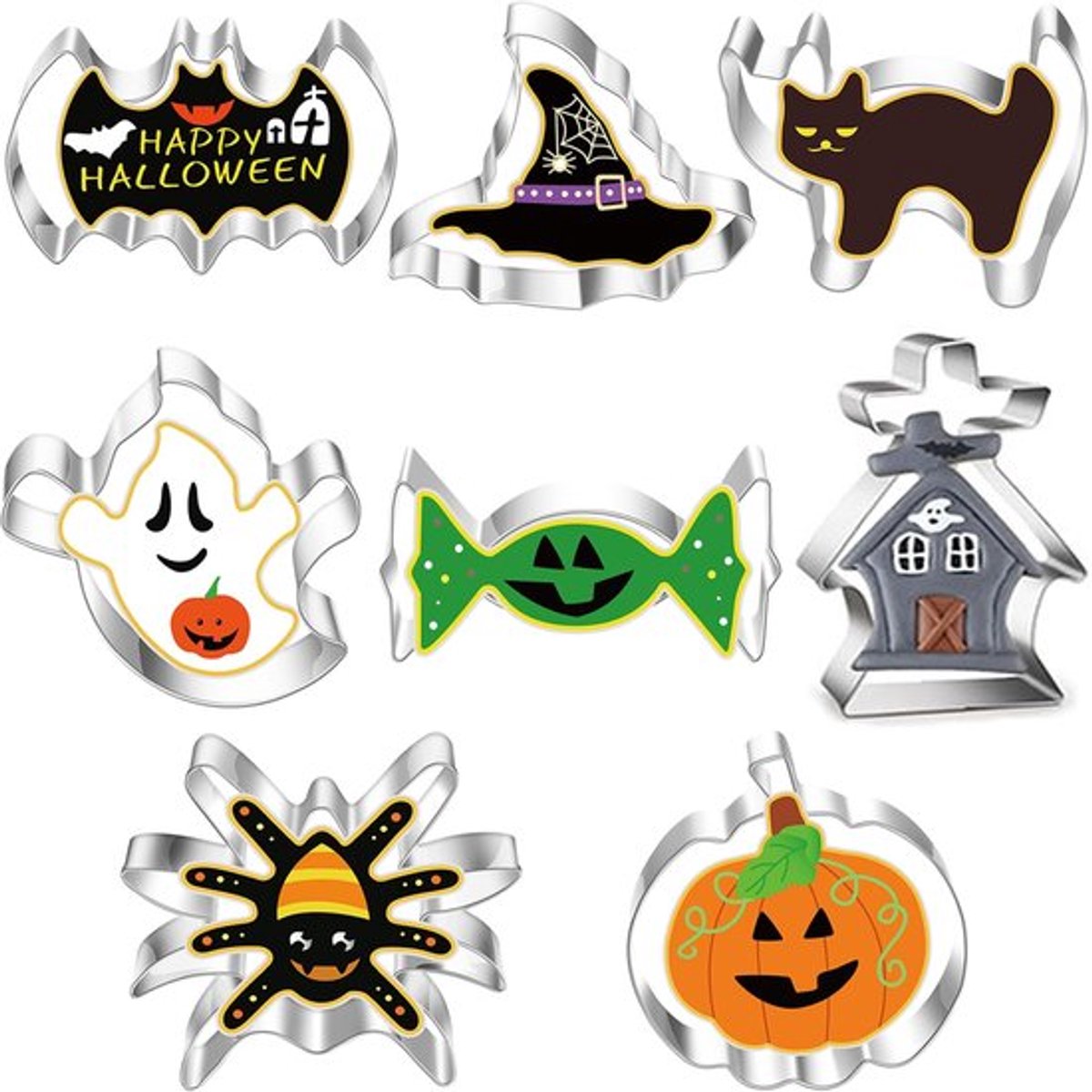 Uitsteekvormen Set van 8 - Halloween Koekjessnijders - Pompoen/Kat/Gest - Vleermuis/Spookhuis/Snoep - Roestvrij Staal - Veilig en Niet Giftig - Koekjesuitsteekvormen