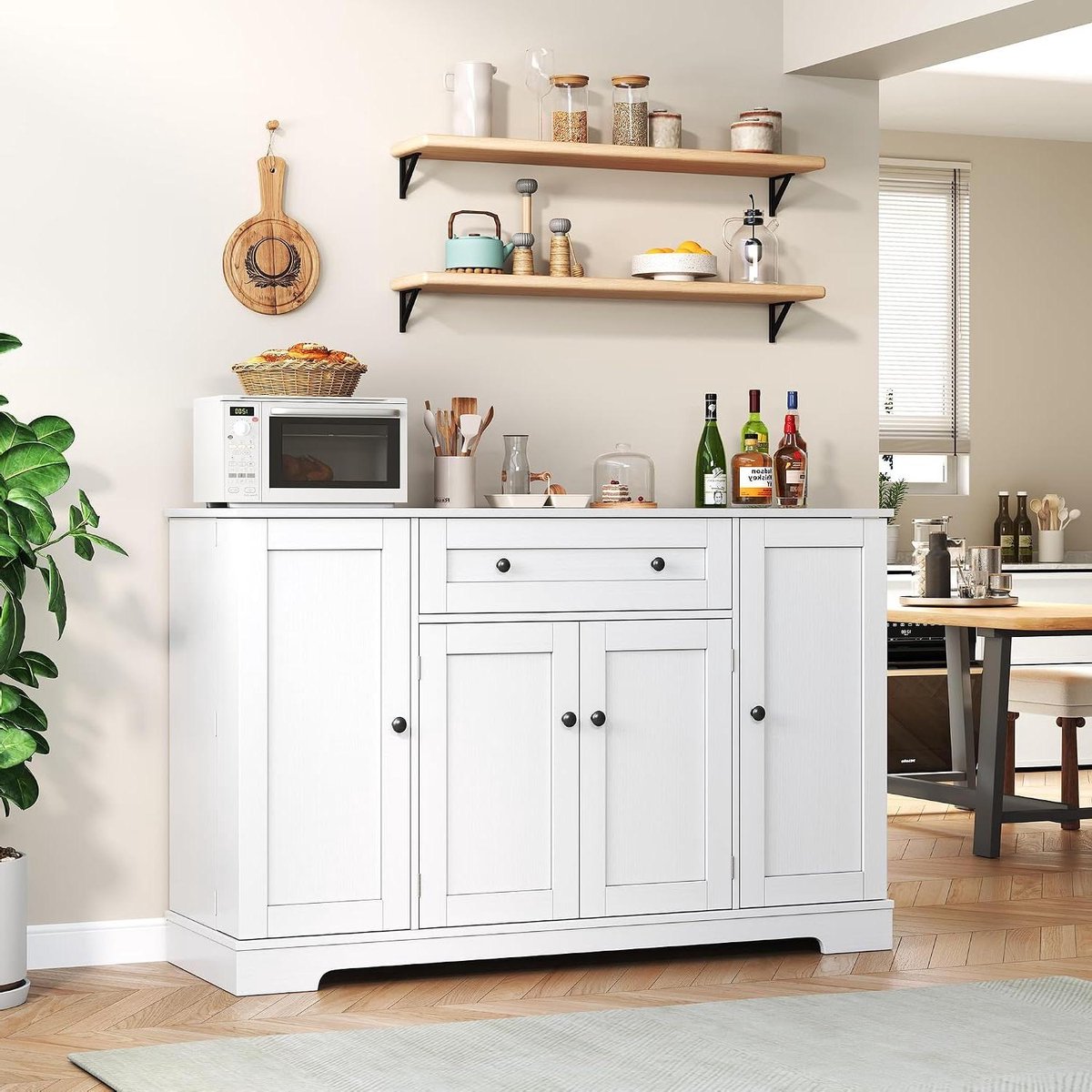 Keuken Buffetkast - Dressoir Ladekast - Opbergen Keuken - Verstelbare Planken - 138 cm - Wit