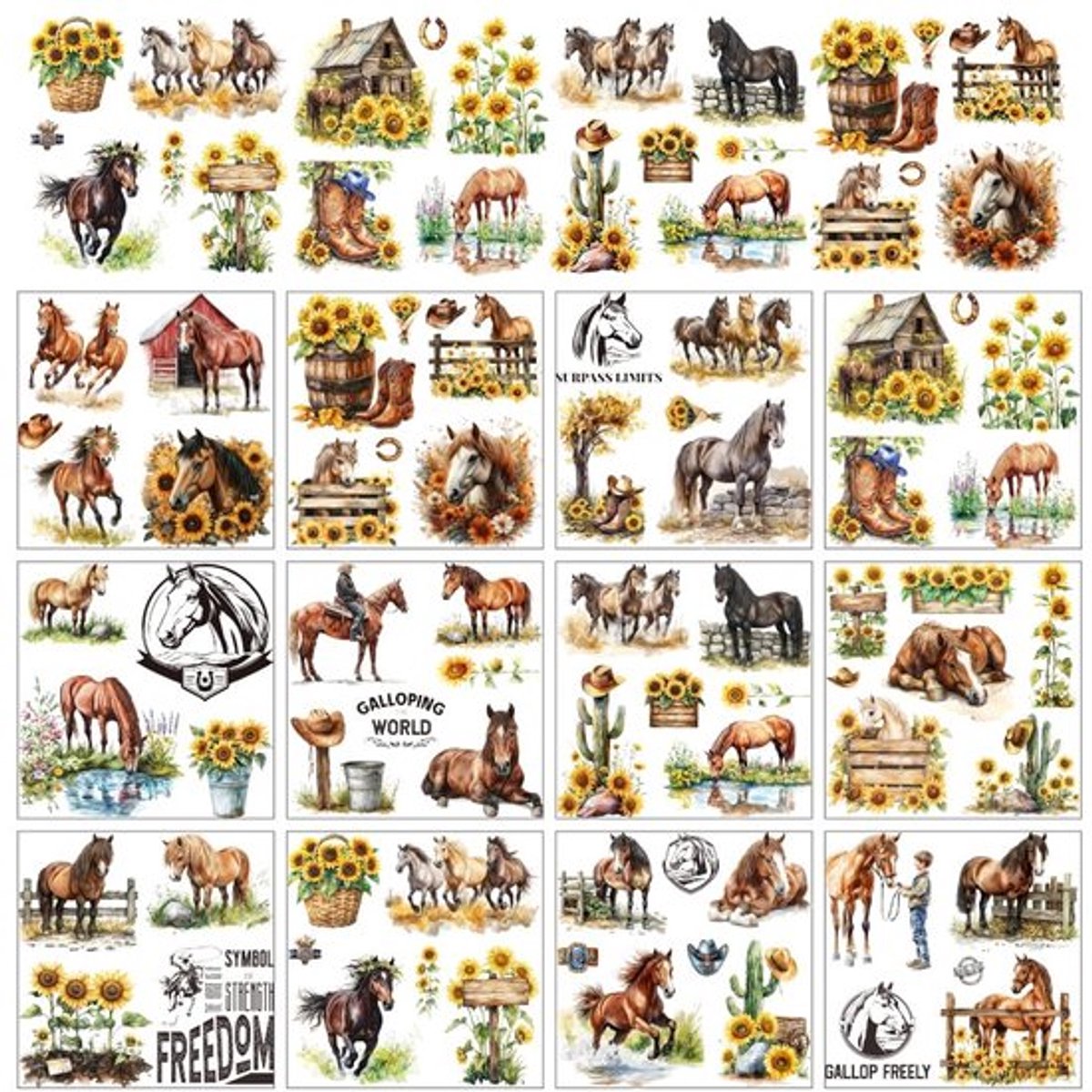 Transferstickers Boerderijthema - 12 Vellen - Paard/Zonnebloemen/Cowboyhoed - Ambachten - Decoratie - 12 x 13 cm - Decoratiestickers