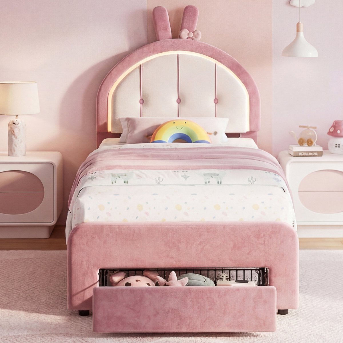 Kinderbed 90x200 cm, eenpersoonsbed met konijnvormig hoofdbord, LED-verlichting, verstelbaar hoofdbord en 1 lade, gestoffeerd bed, roze wit, zonder matras