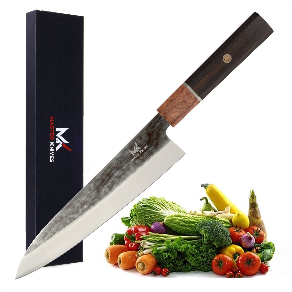 Master Knives Professioneel Japans Koksmes 20 CM - Keukenmessen van hoogwaardig Damascus Patroon - Ergonomisch Rozenhout handvat - japanse messen