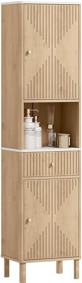 TEKROA® Badkamerkasten - Badkamerkolom met lade - 2 kastjes en verstelbare planken - plank met marmerlook - 41,5x30x168 cm