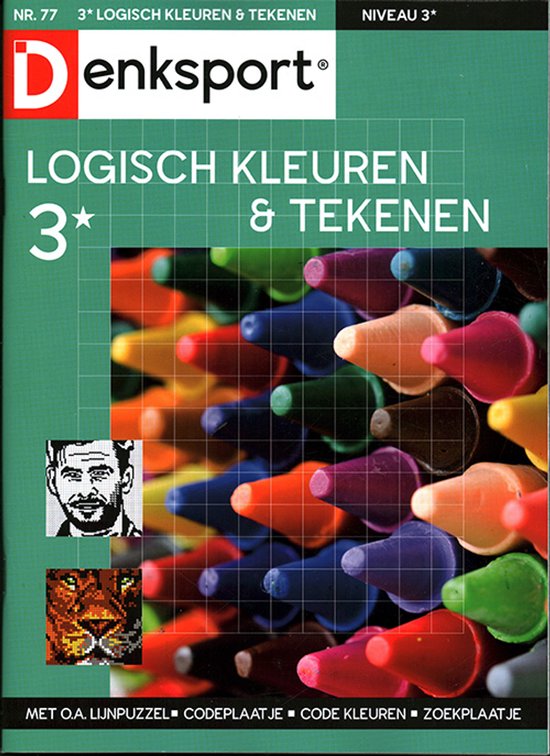Denksport Logisch Kleuren & Tekenen nr. 77, met afbeeldingen van kleurpotloden, een portret en een leeuw.