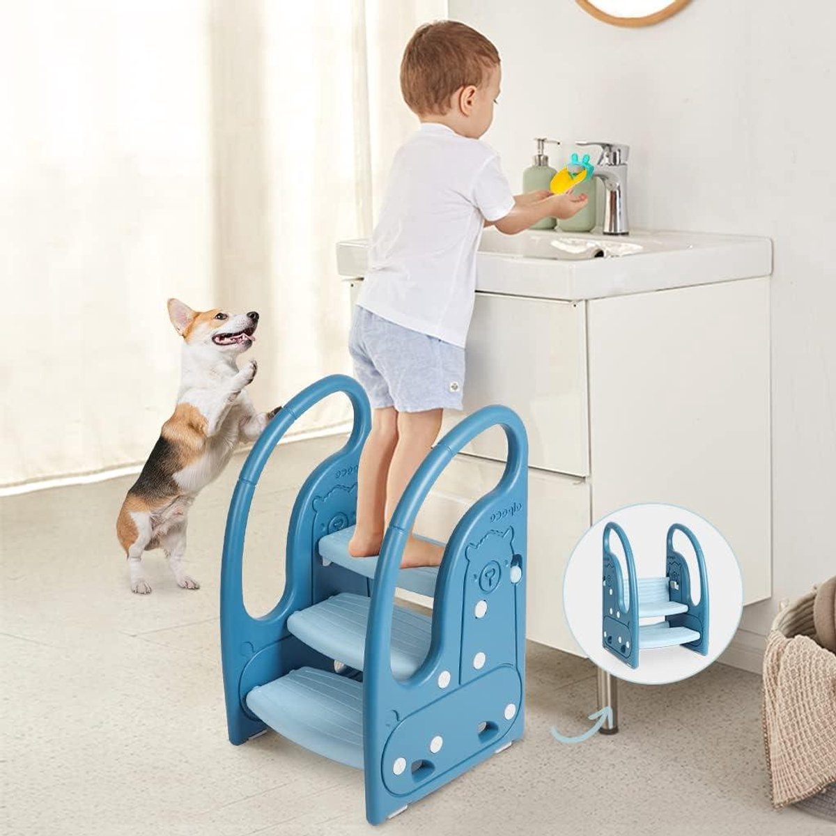 Peuter Stap Stoel - Kinder Krukje - Zelfstandig Leren - Convertibel Ontwerp - 3 Stappen - Blauw