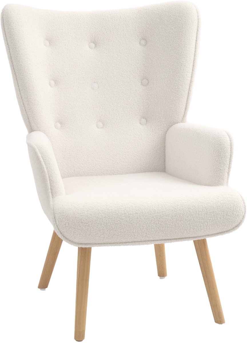 Salonfauteuil van bouclé-stof - gestoffeerde en gewatteerde fauteuil met houten poten - 71 x 74 x 96 cm - beige
