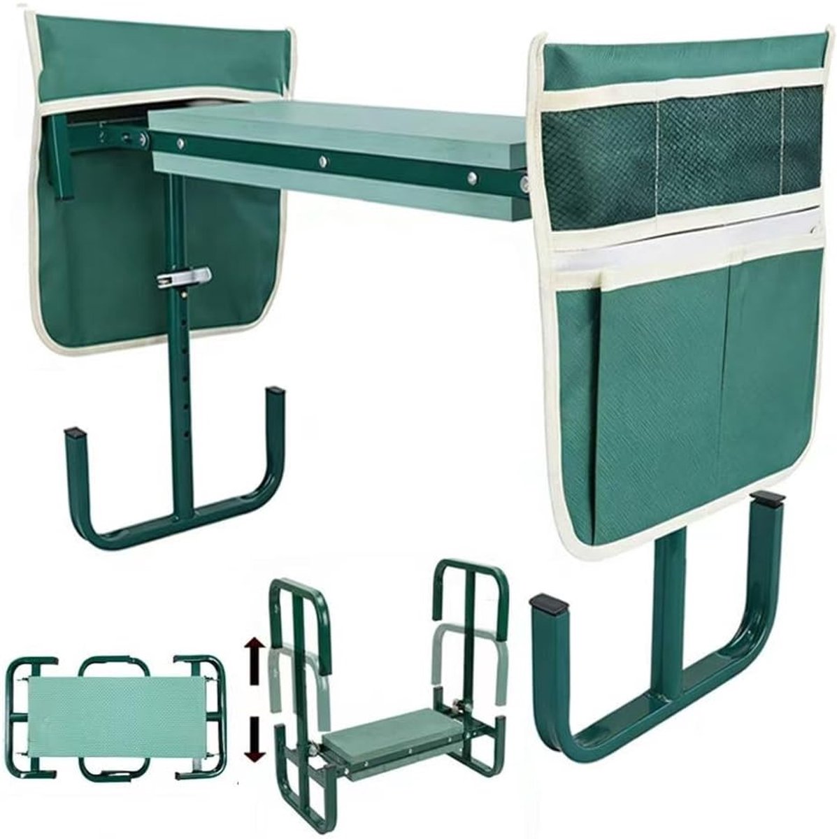 Kniebank voor tuinieren - Groen - 60 x 52 x 27 cm - Inklapbare en Verstelbare Kniekruk met Gereedschapstas - Voor Tuinieren en Klussen
