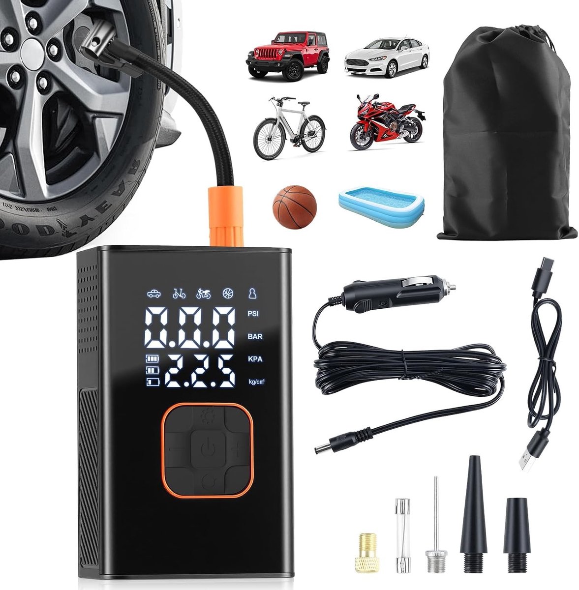 Draagbare Bandeninflator - Zwart - Compact - Oplaadbare Luchtpomp met Digitale Drukmeter - Voor Auto en Fiets