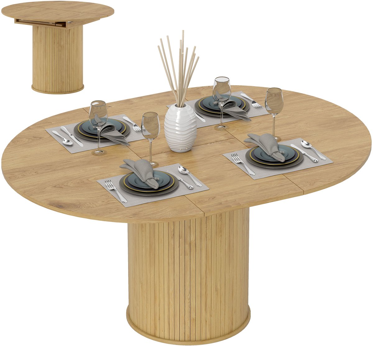 Opklapbare eettafel — Ronde eettafel — Moderne eettafel met cilindervormige poten — Houten keukentafel voor 4-6 personen