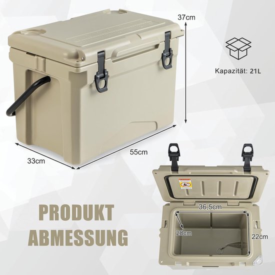 Koelbox 21 liter - Thermobox Draagbaar - Buitenactiviteiten Koelen - Rotatiegevormde Constructie - 55 x 33 x 37 cm - Kaki — afbeelding 5