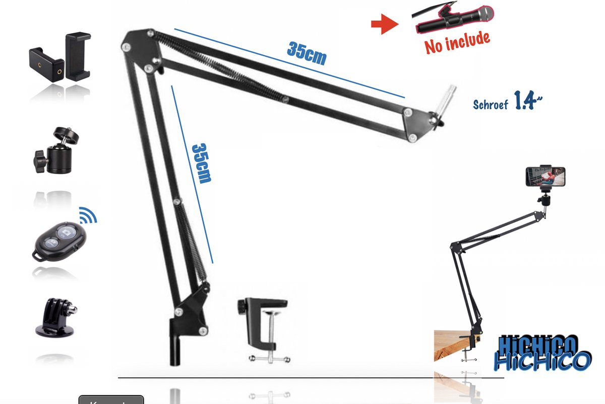 Microfoon Standaard - Telefoon standaard - webcam standaard - Microfoon Arm - Mic Stand - Microfoon Arm - Microfoon Statief - Boom Arm - Podcast - Standaard – Tafelklem - Statiefbevestiging voor uw webcam, Telefoon, Tablet, Ringlamp, spiegel of Micro