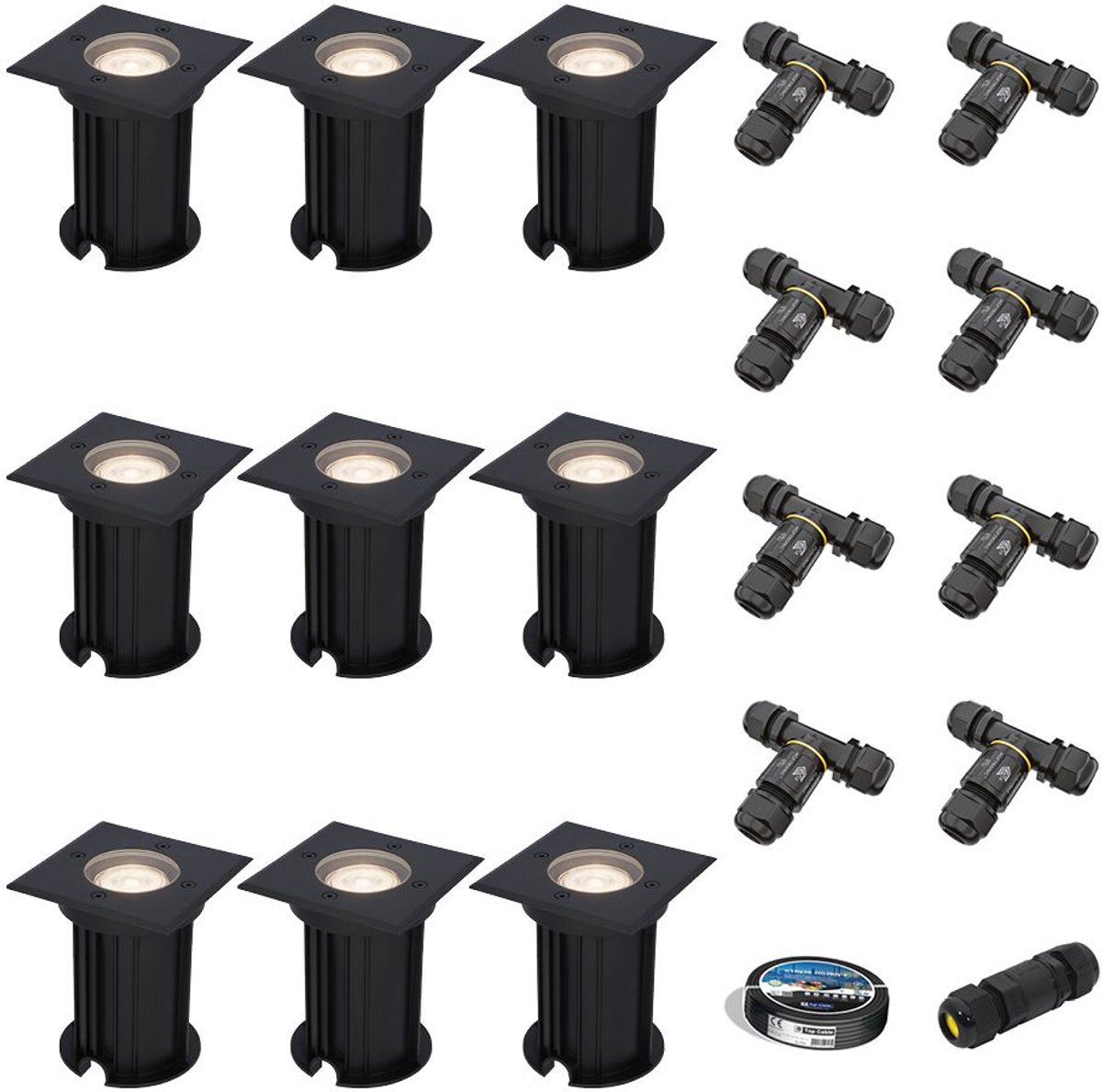 Set van 9 Ramsay LED Grondspots - Vierkant - Dimbaar - GU10 - 4000K neutraal wit - 4W 345lm - Tuinspot - Zwart - IP67 waterdicht - Overrijdbaar voor de Oprit, Tuin en Terras - Inclusief installatiemateriaal (Kabel & connector)