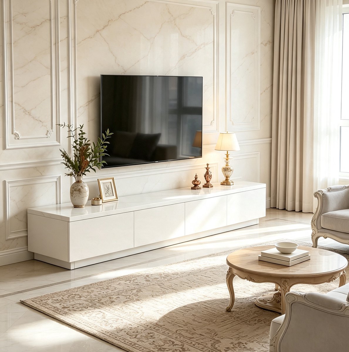 TV-meubel 200 cm parelwit middeleeuws staand entertainmentcentrum met ruime opbergruimte om apparatuur en accessoires netjes op te bergen geschikt voor tv tot 75 inch woonkamer slaapkamer