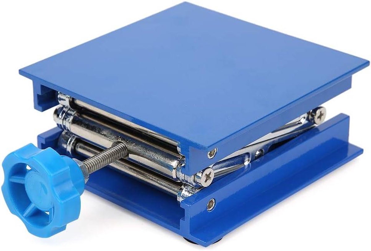 Lab Jack Lift Platform - Schaarstandaard Hefplatform - Experimenten Uitvoeren - Verstelbare Schroefknop - 100 x 100 mm - Blauw