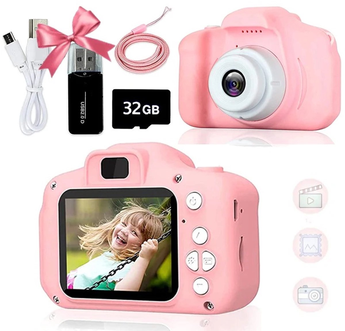 Leuke speelgoedcamera voor kinderen, 1080p HD digitale videocamera voor peuters (2 inch) met siliconen hoesje, ideaal als kerstcadeau voor kinderen vanaf 3 jaar.