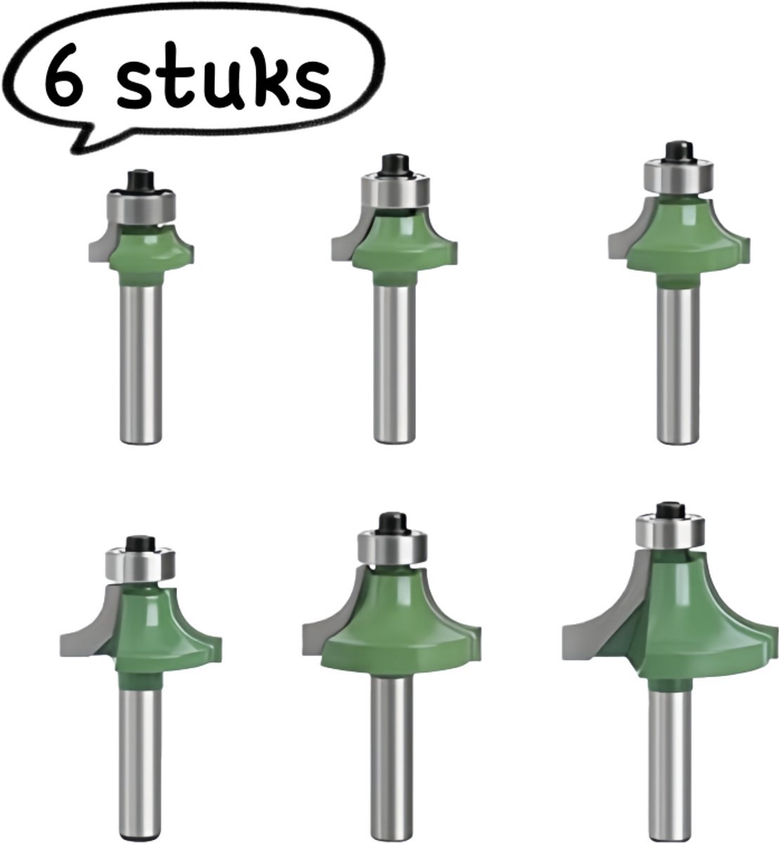 6-delige houtfreesset - Ronde hoekfrees, houtfrees, groeffrees, kantenfrees, graveerfrees - zilver