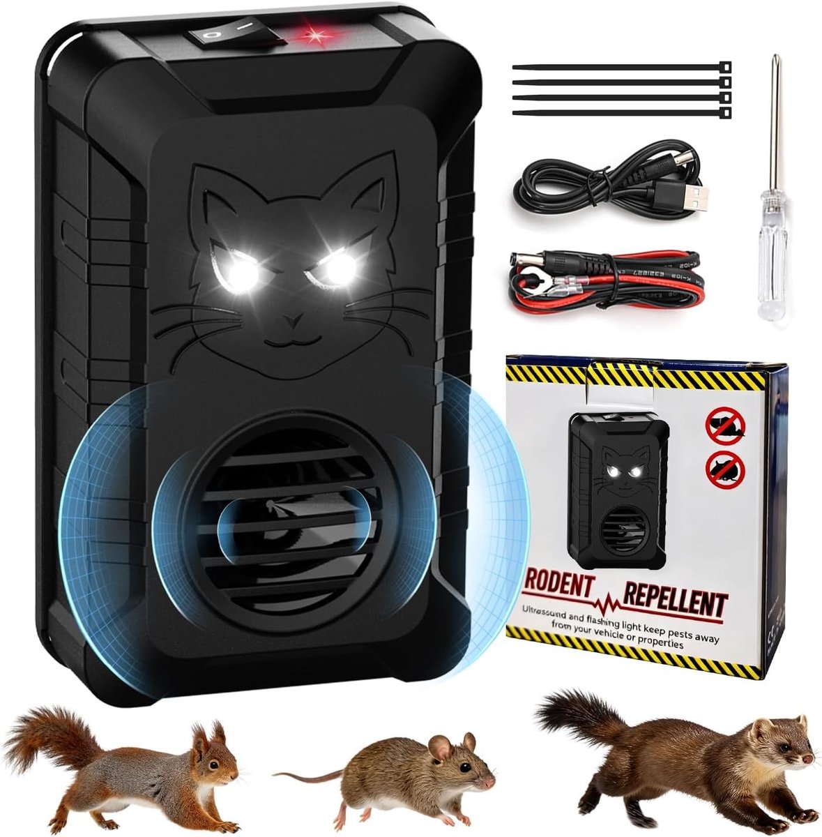 Muizenverjager - Zwart - 16 x 9 x 4 cm - Ultrasone Marterverschrikker met LED Flitslicht - Voor Auto en Huis