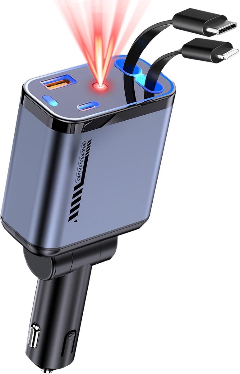 Autolader - Zwart - 62 W - Met Intrekbare Kabel - Voor Mobiele Telefoons