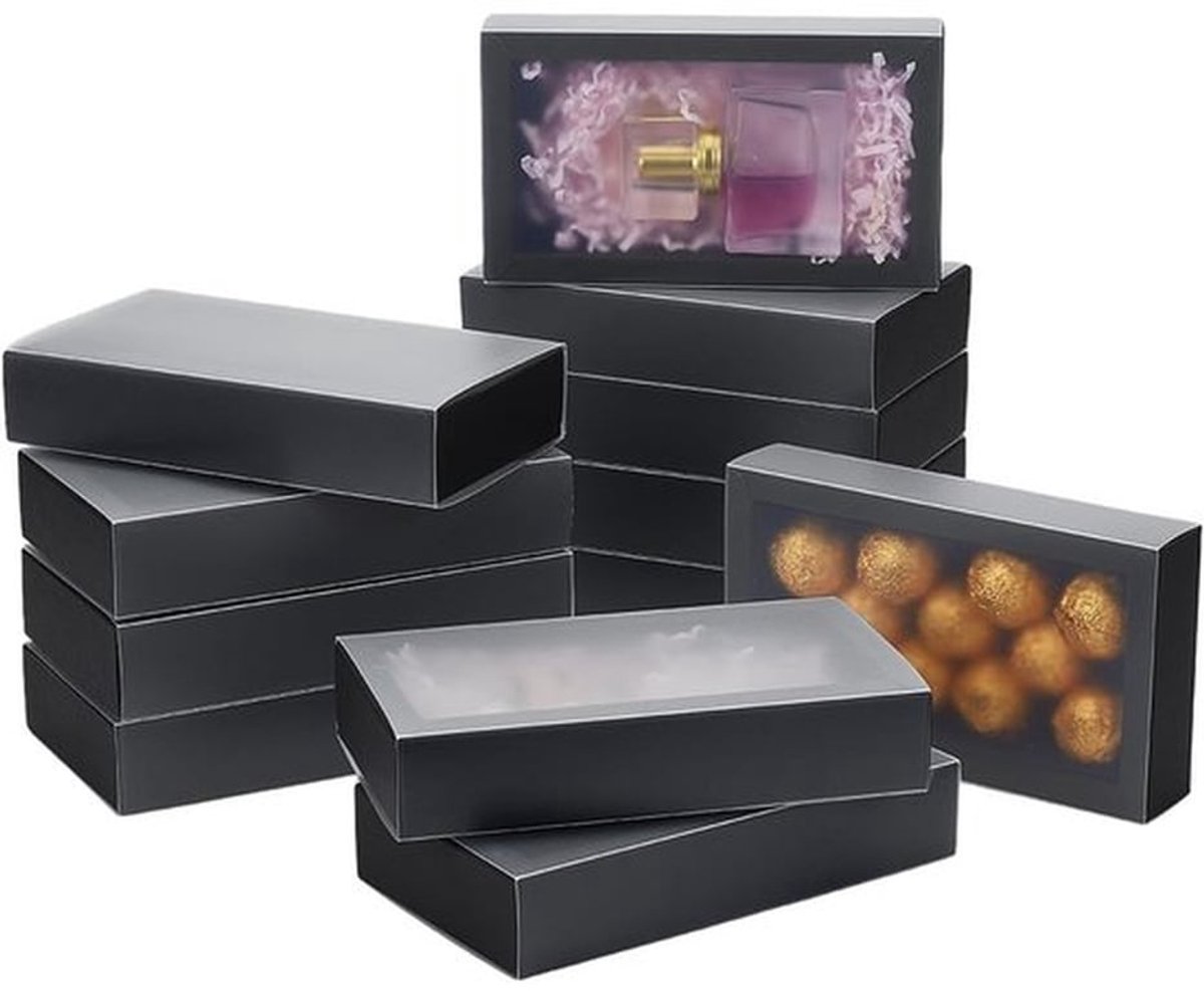 Geschenkdozen 12 stuks - Zwart/Bruin - PVC Venster - Verpakkingsmateriaal - Feestverpakking - 16,2 x 9,2 x 3,2 cm - Duurzaam Papier - Verpakkingsdozen