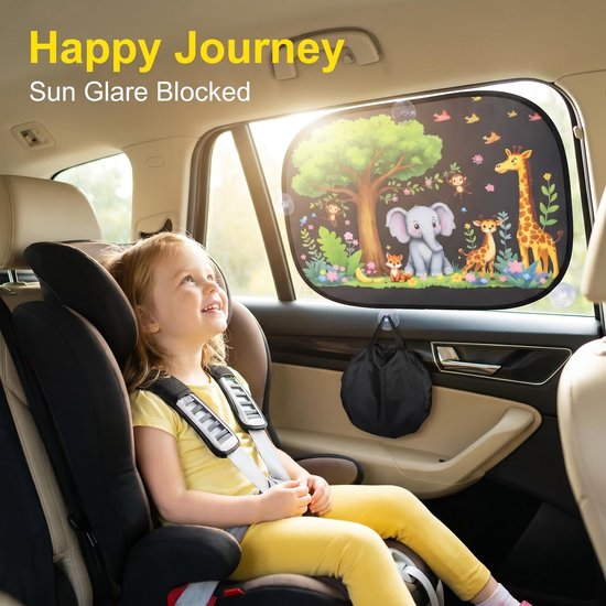 Namajunas - Zonnescherm auto baby - UV Protectie voor kind - Zonwering zijruiten met 8 zuignappen - 44 x 36 cm - 2 stuks - Met opbergtas en microvezeldoek - Zonwering Auto - UV-bescherming - Bosdieren van Namajunas — afbeelding 3