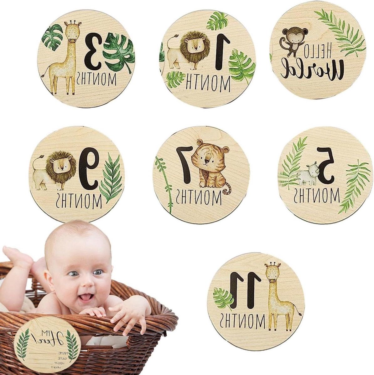 Mijlpaalkaarten Kinderen - Babykaarten Maanden - Herinneringen Vastleggen - Dubbelzijdig Bedrukt - 7 Stuks - Houtkleur