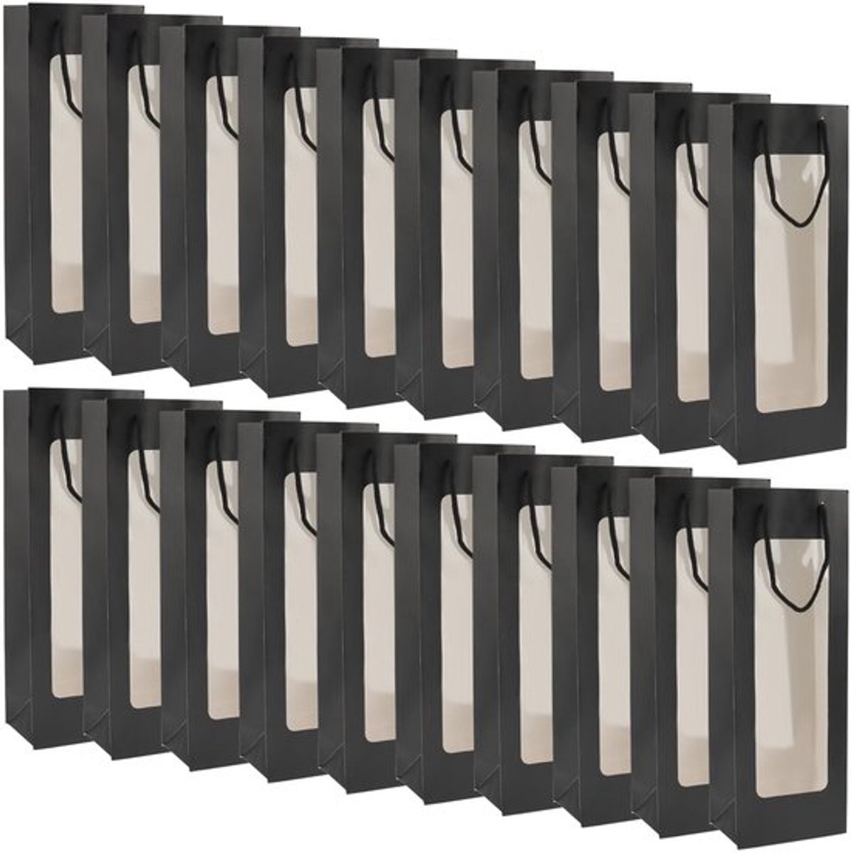 Wijn Geschenktas Set van 20 - Zwarte Wijnzakken - Kraftpapier - Transparant Venster - Handgrepen - Perfect voor Cadeaus - Wijnzak