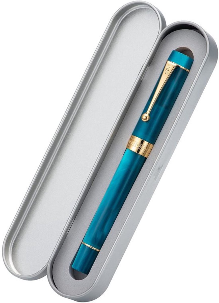 Jinhao Classic Vulpen Pauw Blauw Celluloid, Extra Fijne Penpunt met Conveter en Pen Case Set