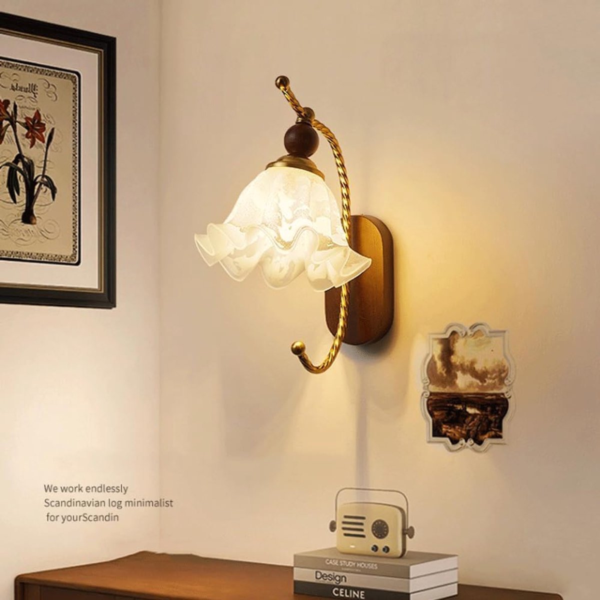 Melkglas Wandlamp - Midden‑eeuws Bloemontwerp - Vast aangesloten - Goud met Hout - Vintage Landelijke Stijl Wandlamp - Geschikt voor Gang‑ Boerderij‑ Woonkamer