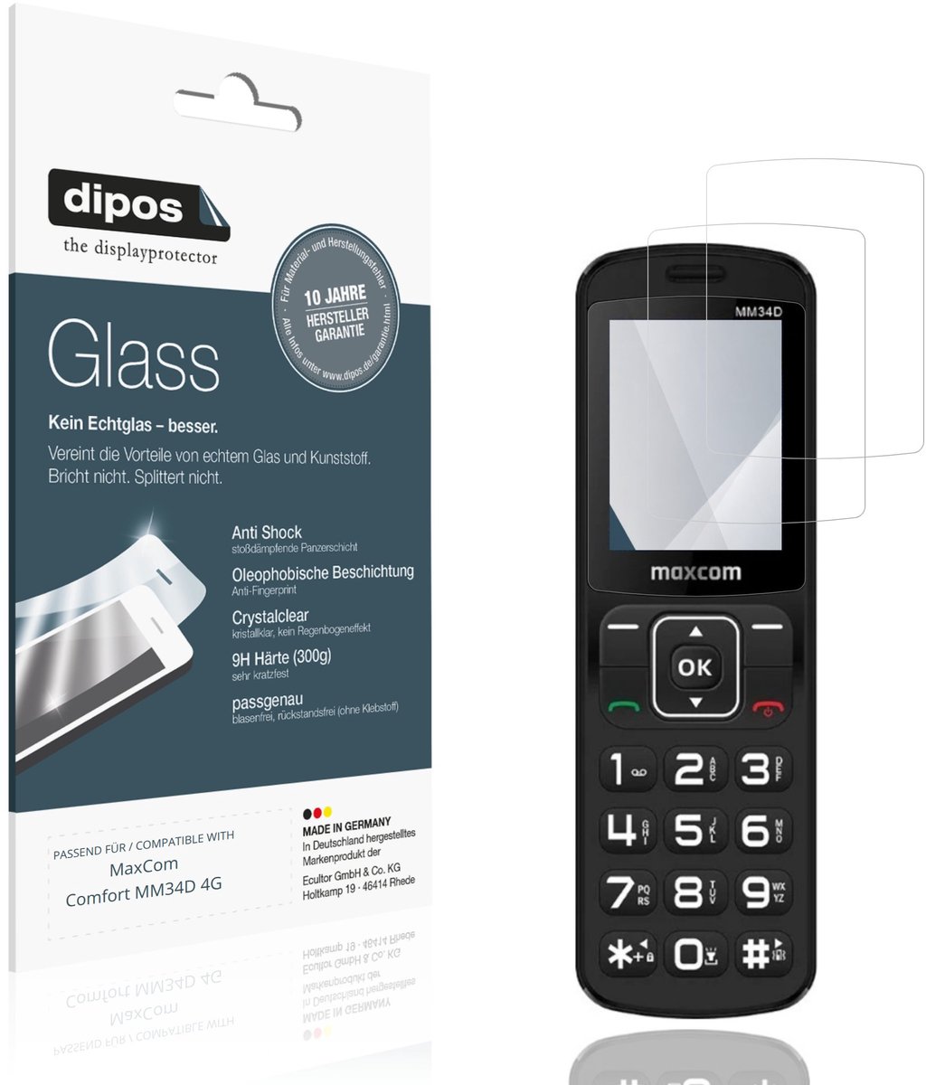 dipos – 2x Pantserfolie geschikt voor MaxCom Comfort MM34D 4G | 9H Screenprotector