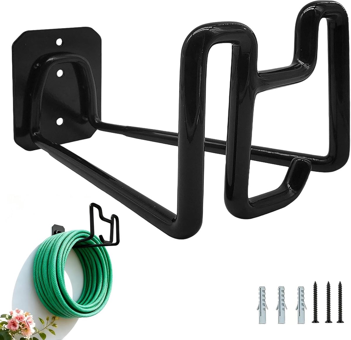 Buisbeugel - Buishaak - Wandbeugel voor flexibele slangen - Draadhaak - Metalen haak - Geschikt voor tuinen, terrassen en garages - Zwart - 20*7,5*11 cm
