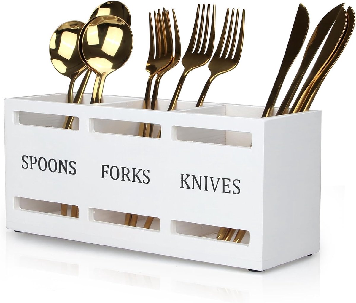 Houten Bestekhouder voor- Tafel en Aanrecht - Witte Bestek Organizer - Bestekmandje voor Lepels-Vorken en Keukengerei