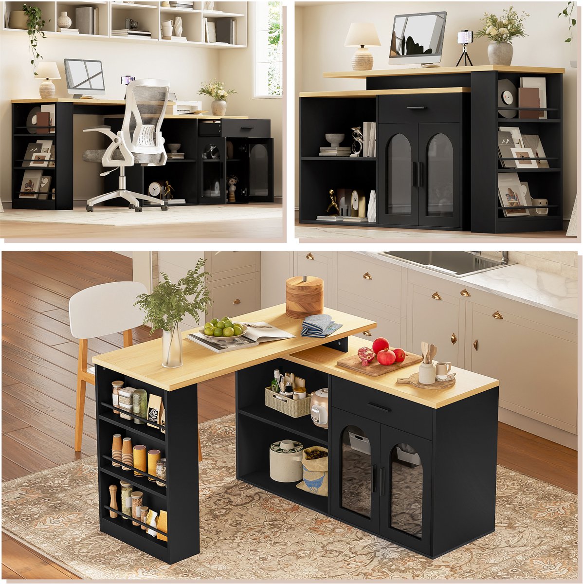 Pugsdrly Vast keukeneiland met 360° draaitafel, opbergkast, bartafel met lade en planken, keukensideboard met opbergplank voor eetkamer en huisbar, L-vormig bureau, zwart
