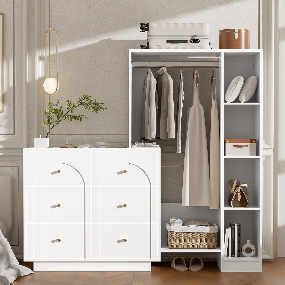 Pugsdrly Moderne multifunctionele kledingkast, open garderobe met kledingstang, 6 lades en zijplanken, opbergkast voor de slaapkamer, wit, 139 × 35 × 133 cm